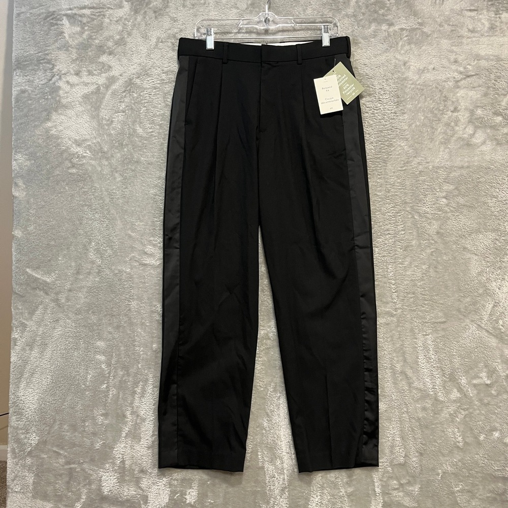 H&M Tuxedo Trousers Mens 32R Black Relaxed Fit Satin Side Stripe Formal Pants